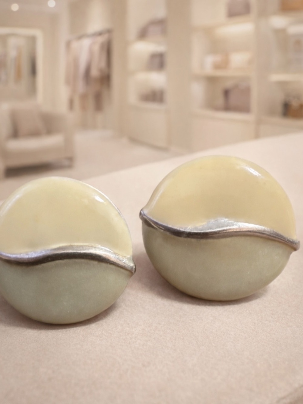 Vintage Silver Tone Cream Green Enamel Round Metal Earrings Post Back Pierced